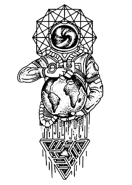 Astronaut Holding Earth with Geometric Designs