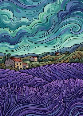 Lavender Field Under Swirling Sky