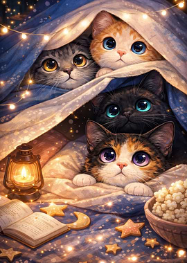 Cute Kittens Under Blanket with Lights