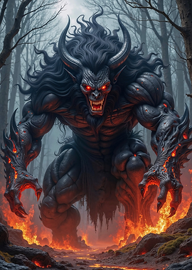 Demonic Creature in Fiery Forest