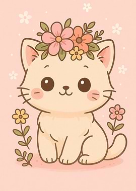 Cute Kawaii Cat with Flower Crown