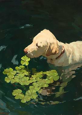 Dog smelling clover in water