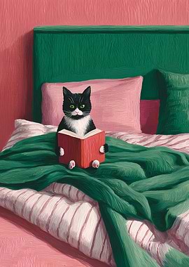 Cat reading a book in bed