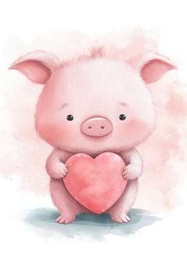 Cute Pig Holding a Heart