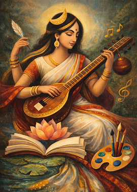 Saraswati Playing Veena with Arts Supplies
