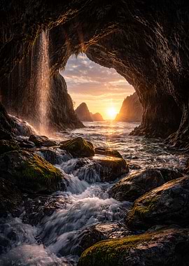 Cave Entrance at Sunset with Waterfall