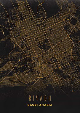 Riyadh, Saudi Arabia - Golden City Streets Map, Wall Art Poster