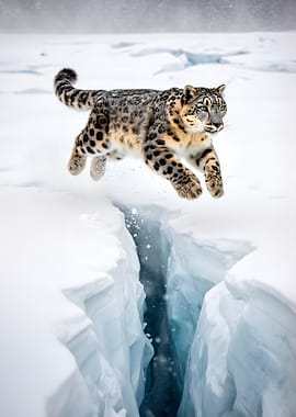 Snow Leopard Leaping Over Ice Crevasse