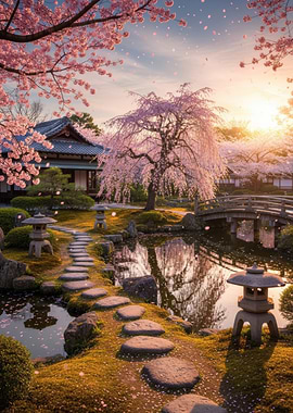 Japanese Garden with Cherry Blossoms