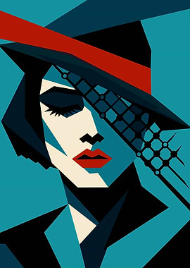 Stylized Woman in Hat and Veil