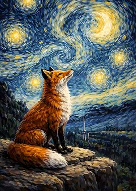 Fox Under Starry Night Sky