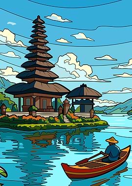 Balinese Temple on Lake with Canoeist