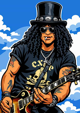 Slash Playing Guitar with Skull T-Shirt