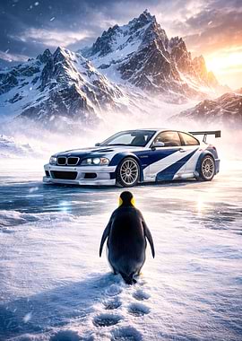 Penguin meets BMW M3 in Snowy Mountains
