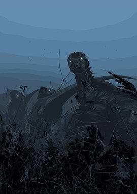 Dinosaurs in a dark, misty landscape