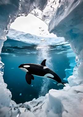 Orca swimming through ice cave