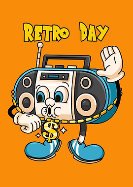 Retro Boombox Character with Dollar Chain