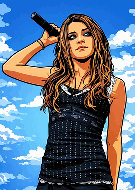 Woman holding a microphone against the sky