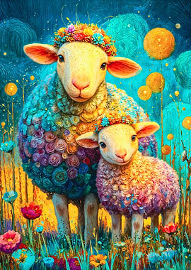 Mother and Child Sheep in Floral Meadow