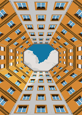 Looking up at buildings from a courtyard