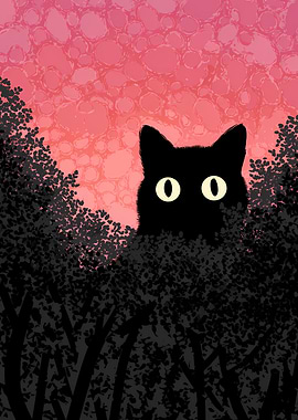 Black Cat Peeking Through Bushes