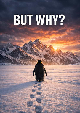 Penguin looks at mountains But why