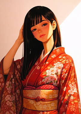 Young Woman in Red Kimono