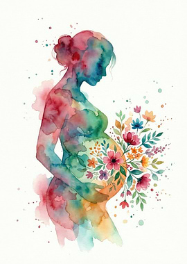 Watercolor Pregnant Woman with Flowers