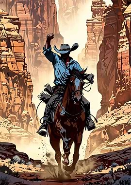 Cowboy riding horse in canyon