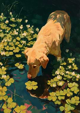 Dog drinking from a pond with clover