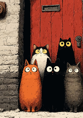 Five cartoon cats at a red door