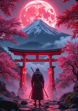Cyberpunk Samurai Under a Red Moon