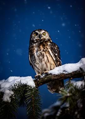 Snowy Owl on Pine Branch