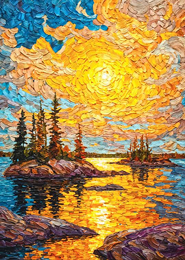 Textured Sunset Lake Impasto Painting