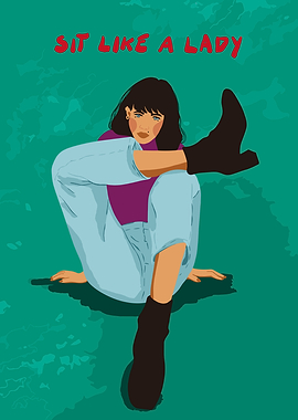 Woman sitting with text