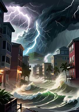 Hurricane hitting a coastal city