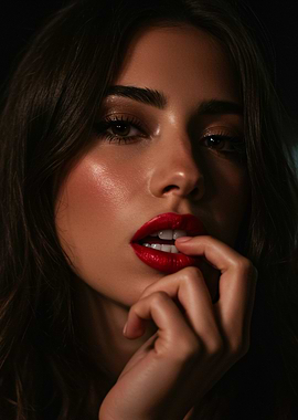 Woman with Red Lipstick Biting Finger