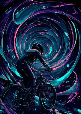 Cyclist in a Neon Vortex