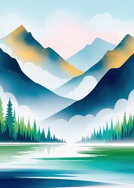 Misty Mountain Lake Landscape