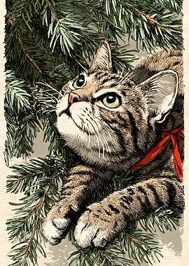 Tabby Cat in Christmas Tree