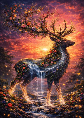 Enchanted Deer with Flowers and Waterfall