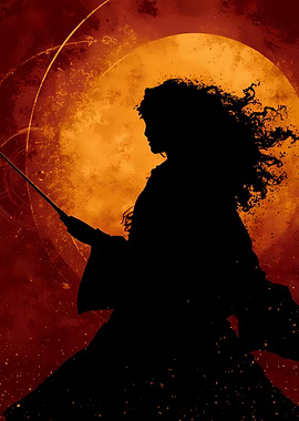 Silhouette of a witch with a wand