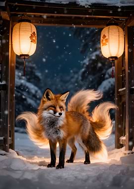 Mythical Fox in Snowy Lantern Archway