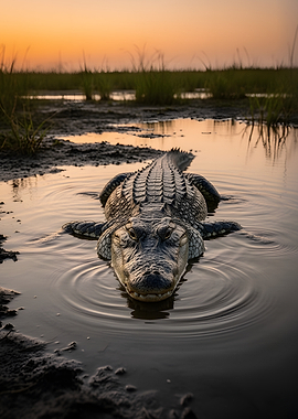Alligator in marsh at sunset