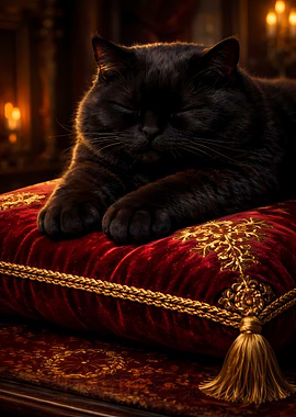 Chubby Black Cat Napping on Red Luxury Pillow