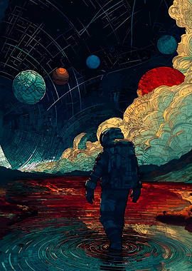 Astronaut walks on alien planet