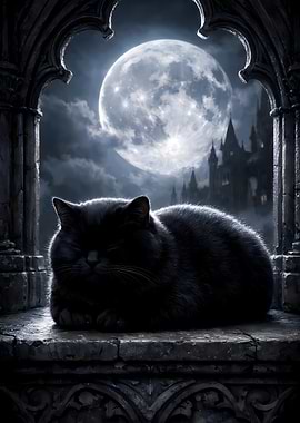 Chubby Black Cat Sleeping in Moonlight Window Gothic
