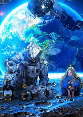 Astronaut and Girl on Moon with Earth