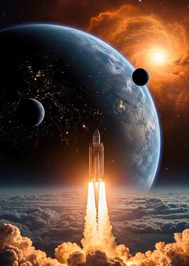 Space Shuttle Launch with Earth and Nebula