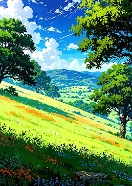 Vibrant Anime Landscape with Rolling Hills